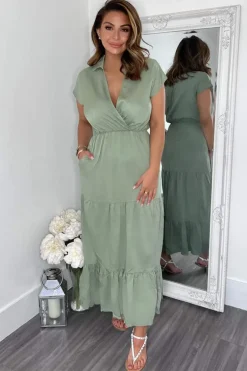 Khaki Short Sleeved V-Neck Midi Smock Dress