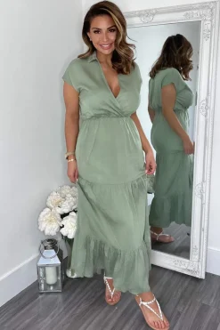 Khaki Short Sleeved V-Neck Midi Smock Dress