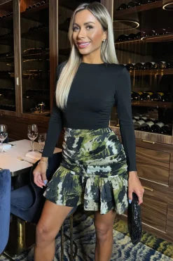 Khaki Smudge Print 2 in 1 Long Sleeve Ruched Mini Dress