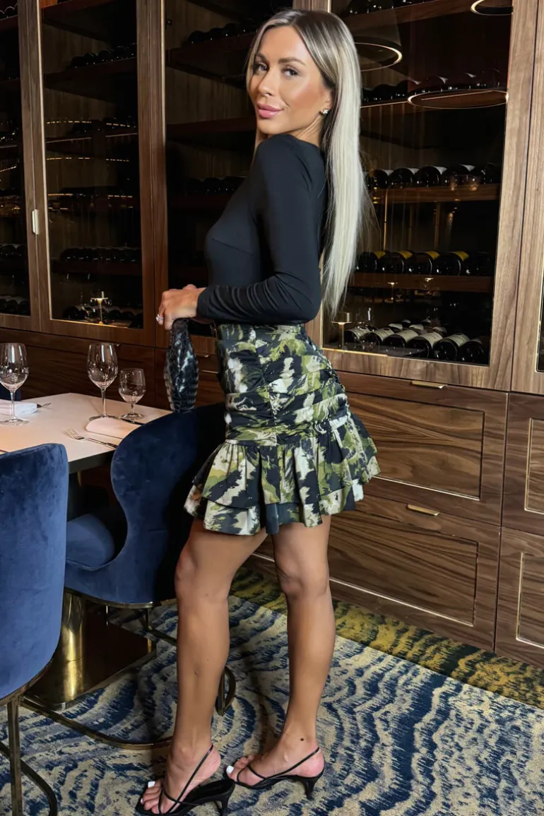 Khaki Smudge Print 2 in 1 Long Sleeve Ruched Mini Dress