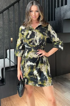 Khaki Smudge Print 3/4 Sleeve Gathered Waist Mini Shirt Dress