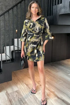Khaki Smudge Print 3/4 Sleeve Gathered Waist Mini Shirt Dress