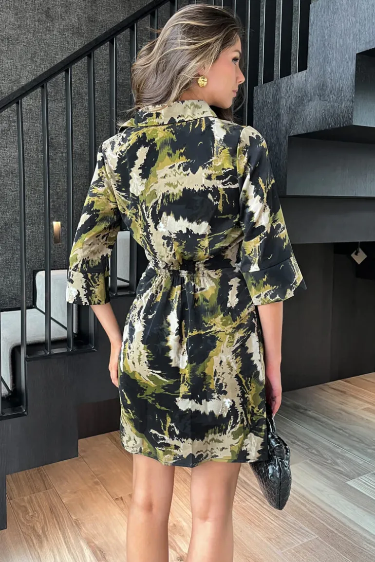 Khaki Smudge Print 3/4 Sleeve Gathered Waist Mini Shirt Dress