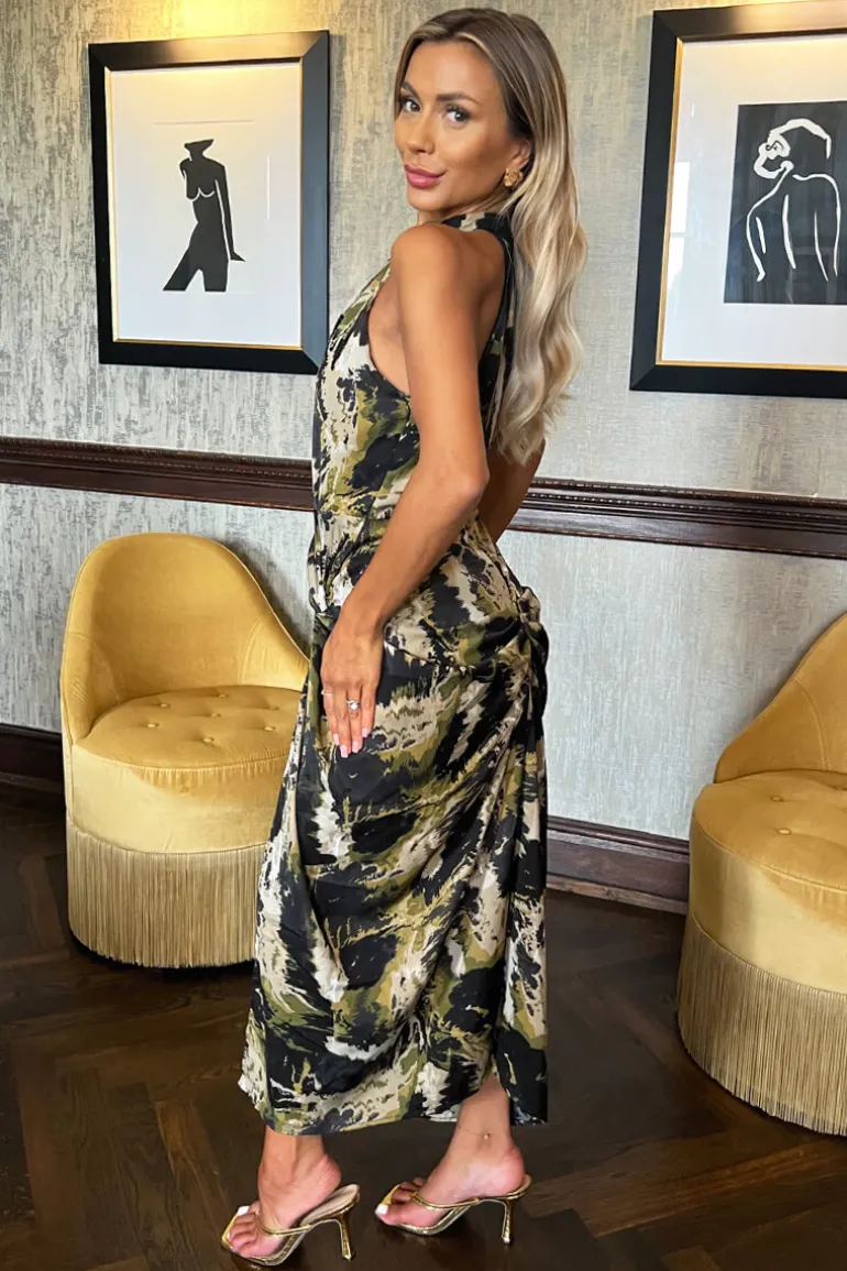 Khaki Smudge Print Halter Neck Knot Skirt Midi Dress