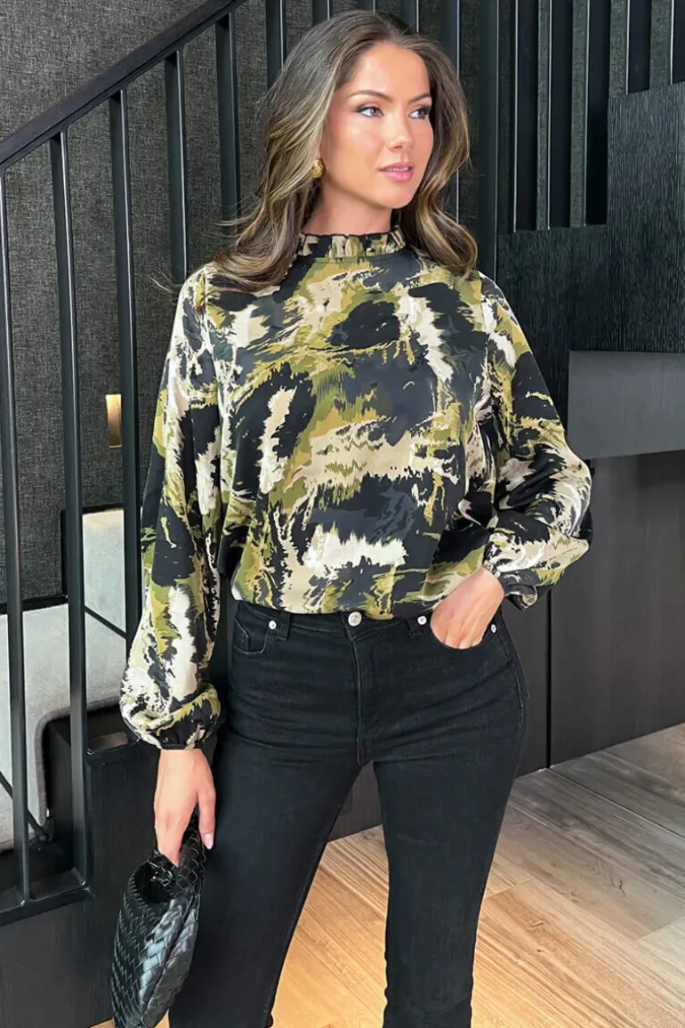 Khaki Smudge Print Long Sleeve Ruffle Neck Top