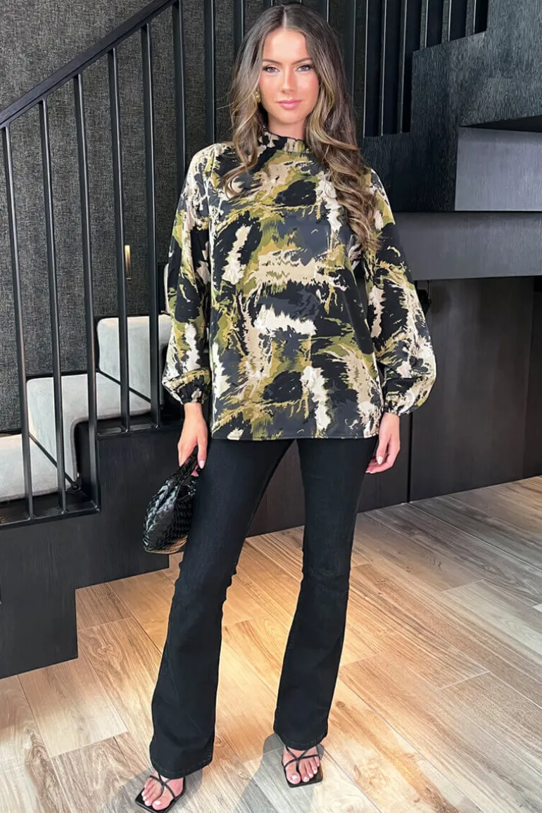 Khaki Smudge Print Long Sleeve Ruffle Neck Top