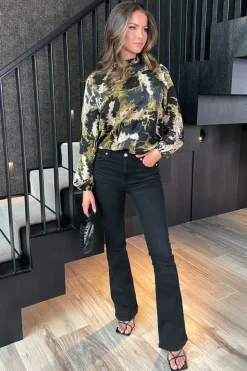 Khaki Smudge Print Long Sleeve Ruffle Neck Top