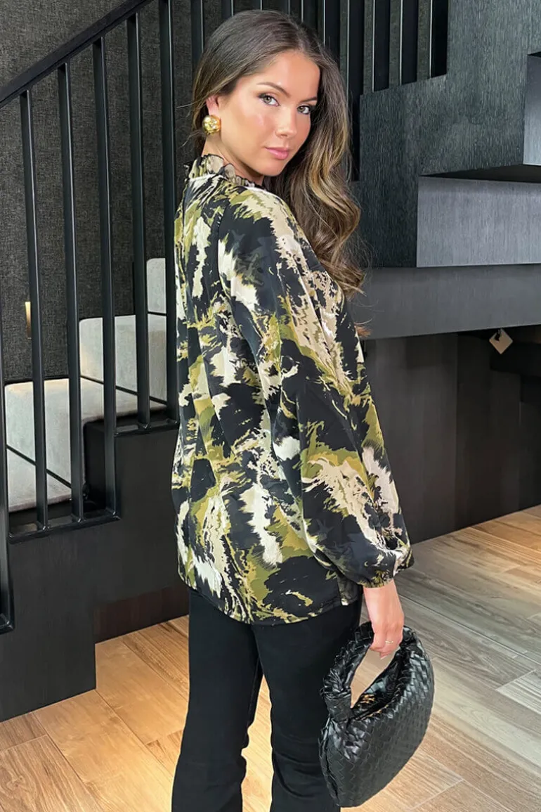 Khaki Smudge Print Long Sleeve Ruffle Neck Top