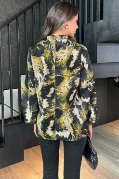 Khaki Smudge Print Long Sleeve Ruffle Neck Top