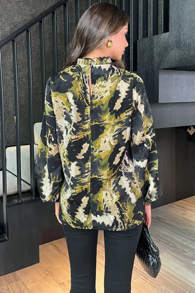 Khaki Smudge Print Long Sleeve Ruffle Neck Top