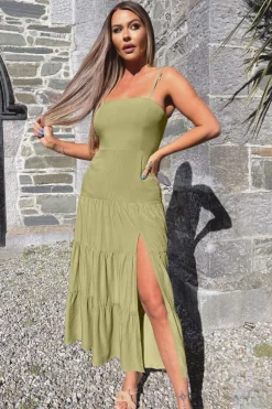 Khaki Strappy Smock Midi Dress