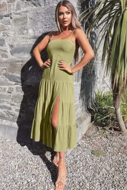 Khaki Strappy Smock Midi Dress
