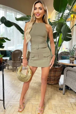 Khaki Stretch Cotton Round Neck Belted Skort Playsuit