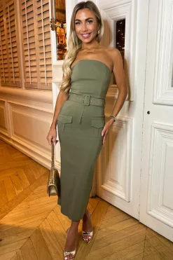 Khaki Stretch Cotton Strapless Belted Bodycon Midi Dress