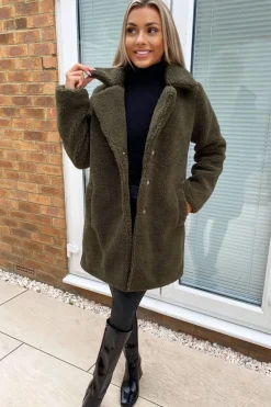 Khaki Teddy Faux Fur Coat With Collar