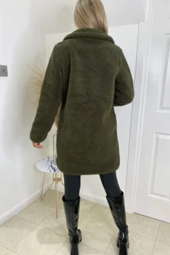 Khaki Teddy Faux Fur Coat With Collar