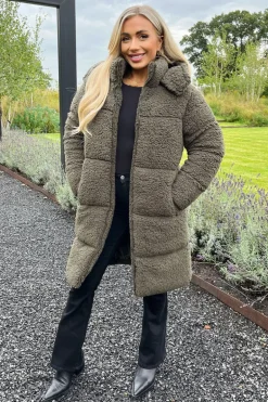 Khaki Teddy Panelled Long Coat