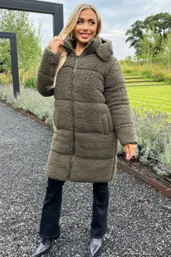 Khaki Teddy Panelled Long Coat