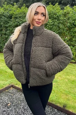 Khaki Teddy Panelled Short Coat