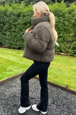 Khaki Teddy Panelled Short Coat