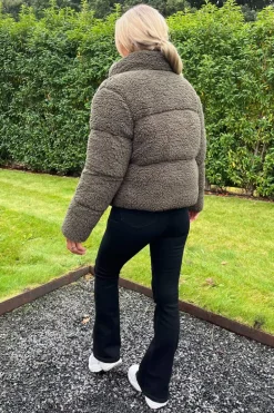 Khaki Teddy Panelled Short Coat