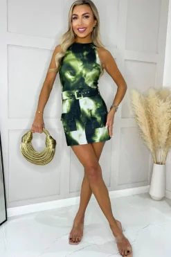 Khaki Tie Dye Round Neck Belted Skort Cargo Playsuit