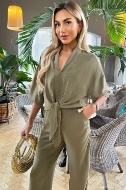 Khaki V-Neck Collar Tie Front Shirt