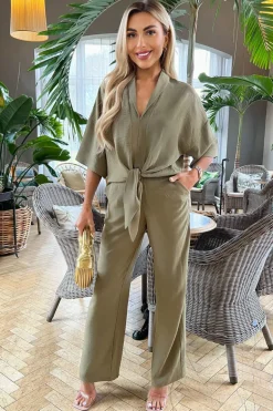 Khaki V-Neck Collar Tie Front Shirt