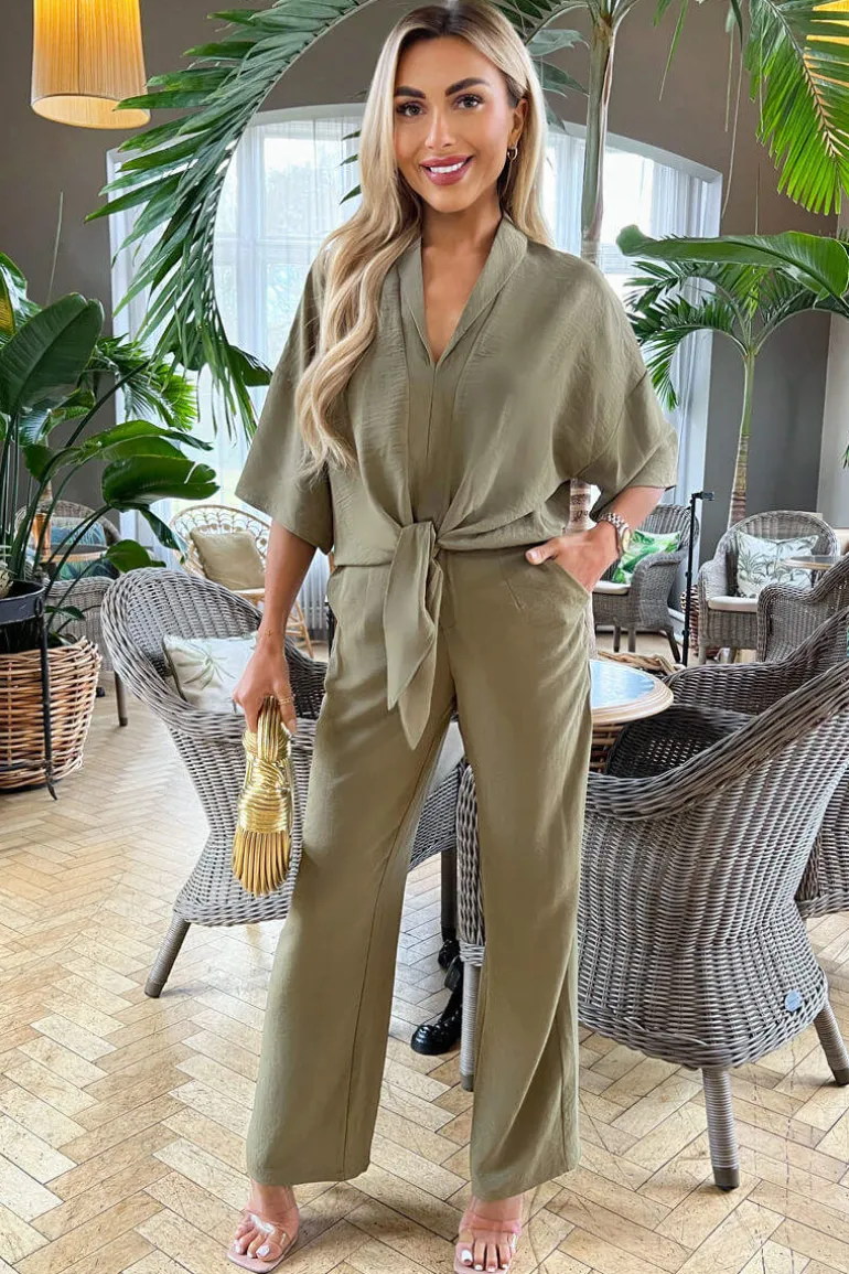 Khaki V-Neck Collar Tie Front Shirt