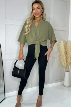 Khaki V-Neck Collar Tie Front Shirt