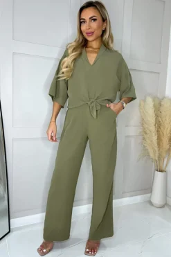 Khaki V-Neck Collar Tie Front Shirt