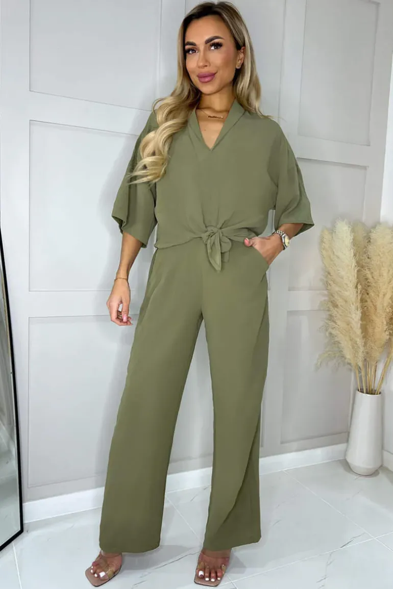 Khaki V-Neck Collar Tie Front Shirt