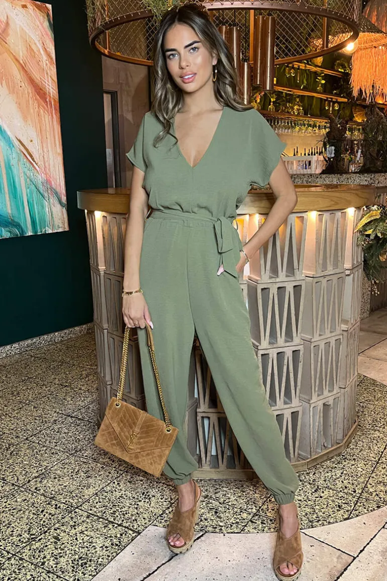 Khaki V-Neck Short Sleeve Belted Elasticated Cuff Jumpsuit