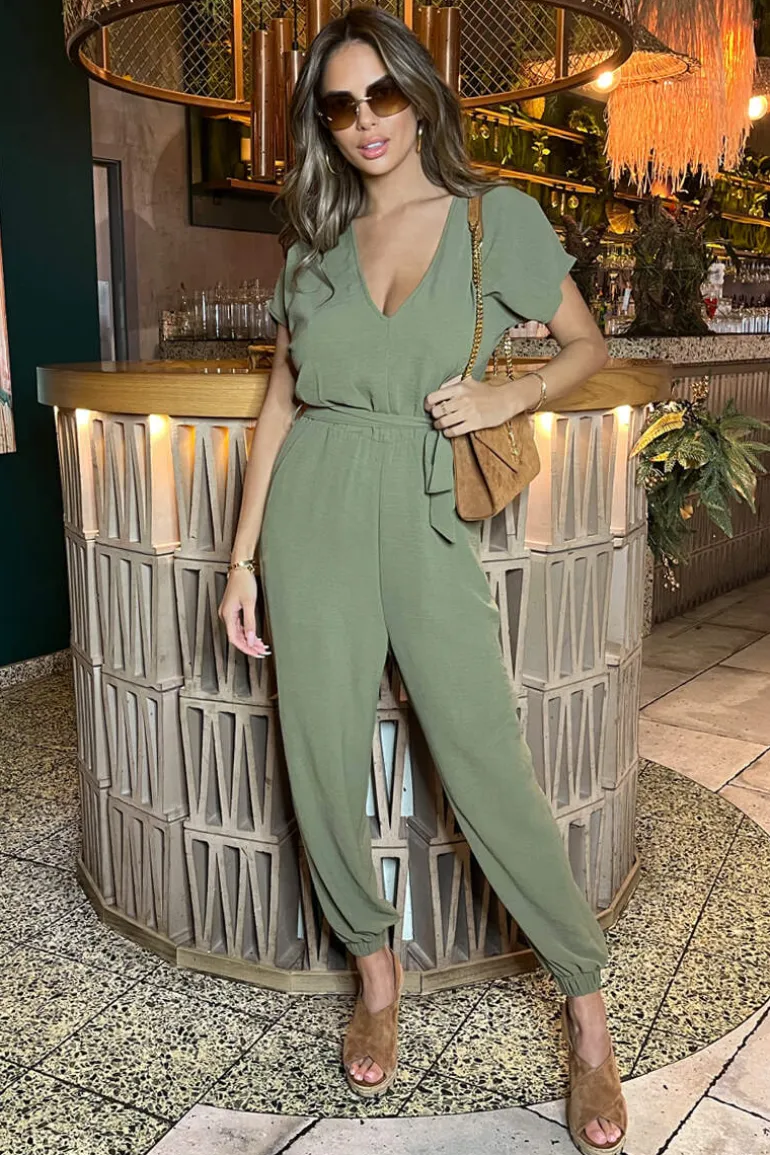 Khaki V-Neck Short Sleeve Belted Elasticated Cuff Jumpsuit