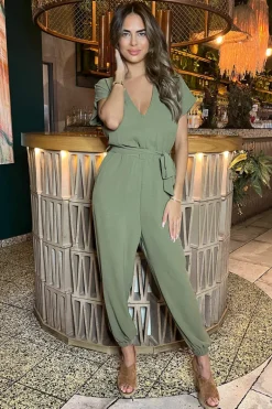 Khaki V-Neck Short Sleeve Belted Elasticated Cuff Jumpsuit