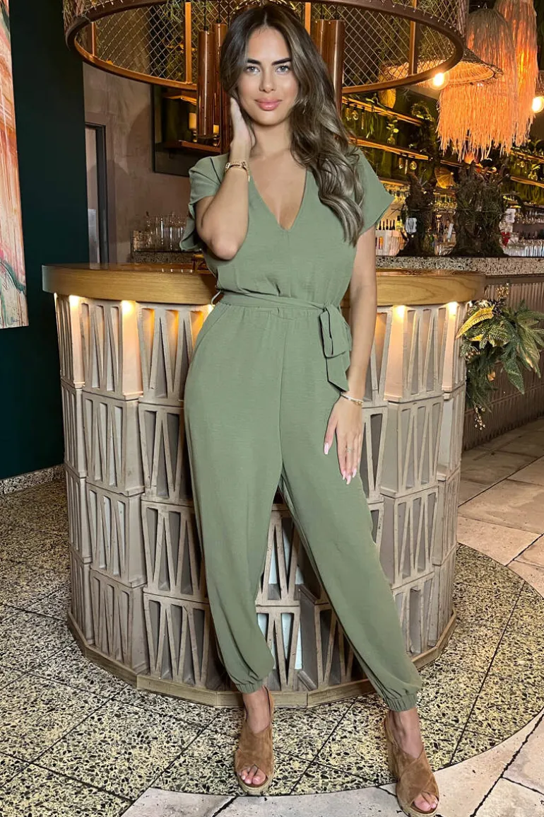 Khaki V-Neck Short Sleeve Belted Elasticated Cuff Jumpsuit