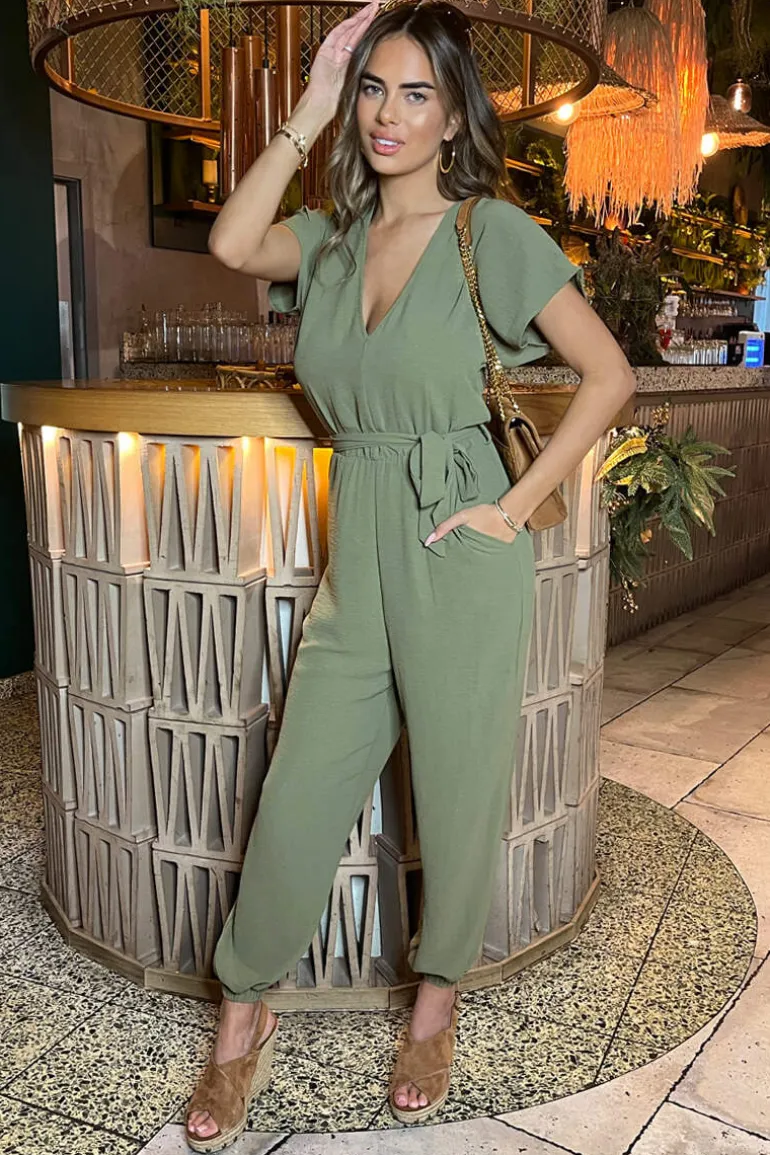 Khaki V-Neck Short Sleeve Belted Elasticated Cuff Jumpsuit