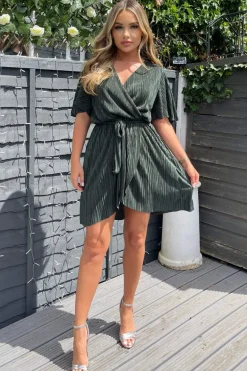 Khaki Wrap Top Belted Short Sleeve Plisse Mini Dress