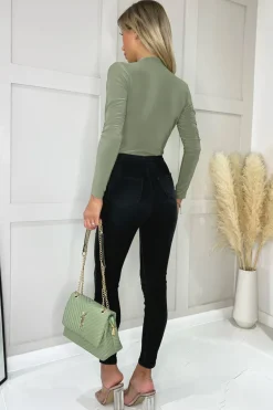 Khaki Wrap Top Long Sleeve Slinky Bodysuit