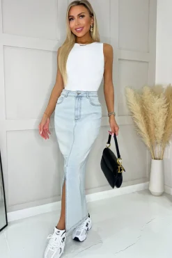 Light Blue Front Split Denim Midi Skirt