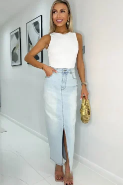 Light Blue Front Split Denim Midi Skirt