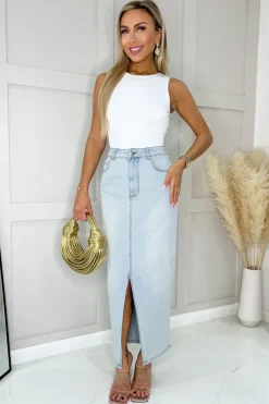 Light Blue Front Split Denim Midi Skirt