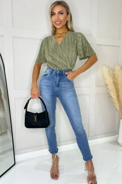 Light Khaki Wrap Top Butterfly Sleeve Plisse Bodysuit