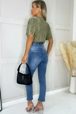 Light Khaki Wrap Top Butterfly Sleeve Plisse Bodysuit