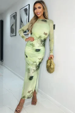 Lime Printed Mesh Overlay Long Sleeve Bodycon Midi Dress