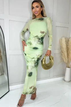 Lime Printed Mesh Overlay Long Sleeve Bodycon Midi Dress