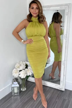 Lime Ruched High Neck Midi Dress