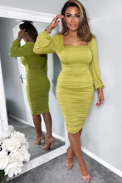 Lime Square Neck Ruched Long Sleeve Midi Dress