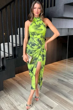 Lime Tie Dye Print Halter Neck Knot Skirt Mesh Midi Dress