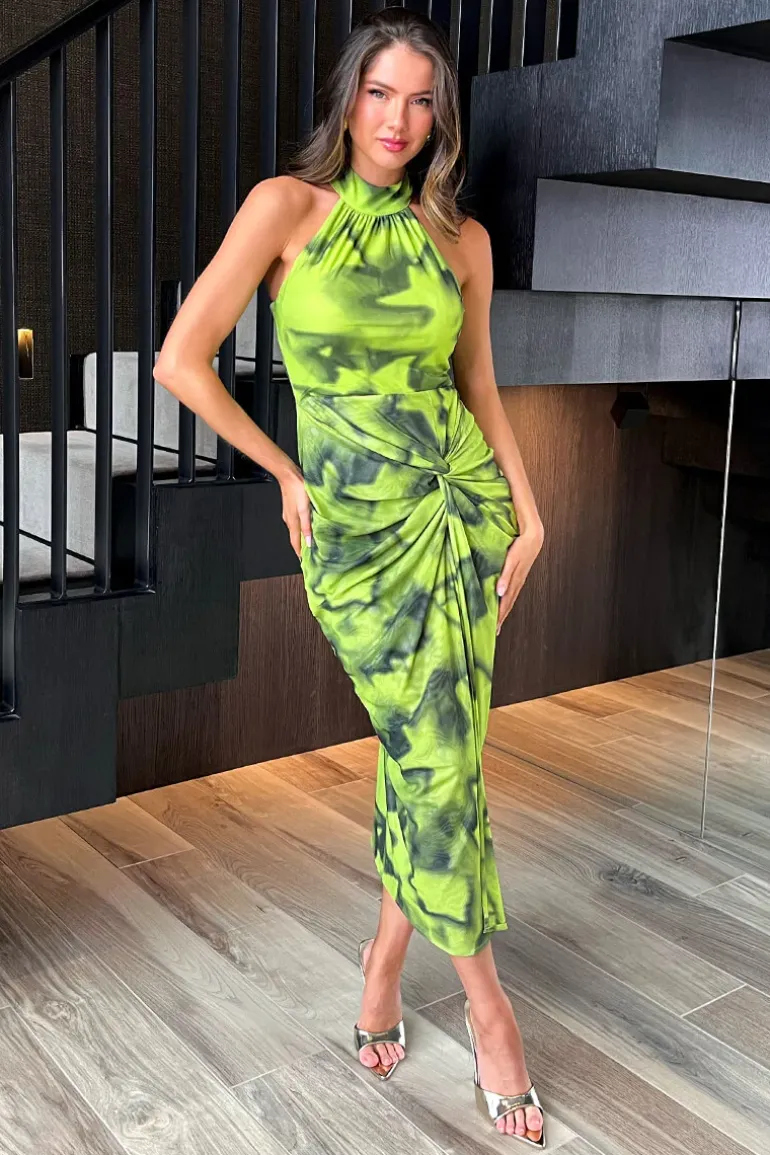 Lime Tie Dye Print Halter Neck Knot Skirt Mesh Midi Dress